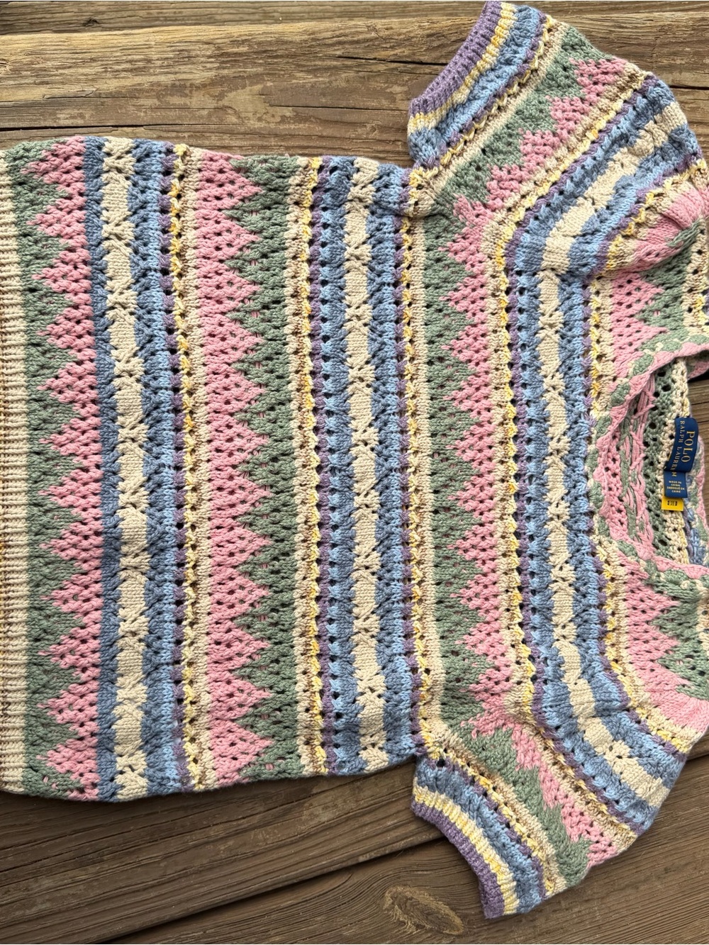 Polo Ralph Lauren Crochet Knit Sweater Medium Pastel Geometric Cotton NWOT